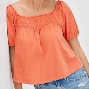 American Eagle Outfitters Coral Orange Smocked Off-Shoulder Puff Sleeve Crop Top